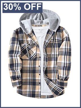 Men's Flannel Hoodie Shirt Plaid Button Down Long Sleeve Casual